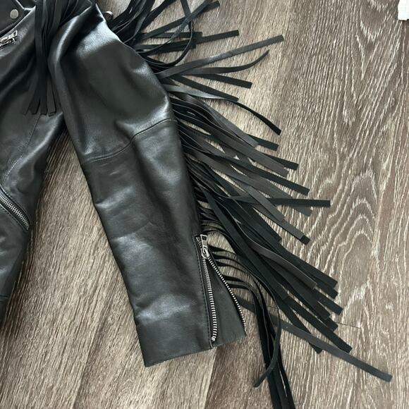 EUC ASOS‎ 100% Real Leather Fringe Moto Jacket Sz Small Black Western Boho Biker - Picture 13 of 16